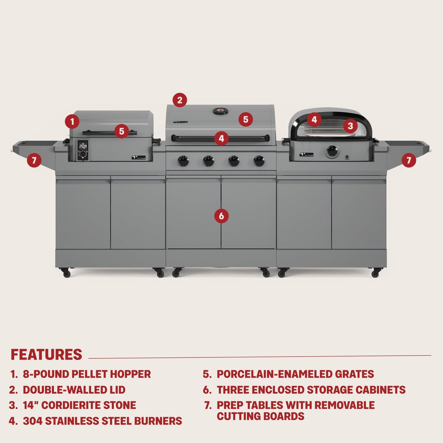 TYTUS Modular Grilling Collection 4-Burner Gas Grill, Pellet Smoker with Cart and Pizza Oven with Cart - TDT-BUN-008