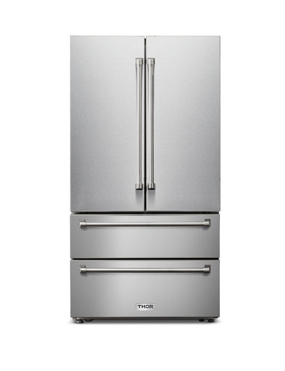 Thor Kitchen 5-Piece Appliance Package - 30-Inch Propane Gas Range, French Door Refrigerator, Wall Mount Hood, Dishwasher, and Microwave Drawer in Stainless Steel - APR5-LRG30B-LP