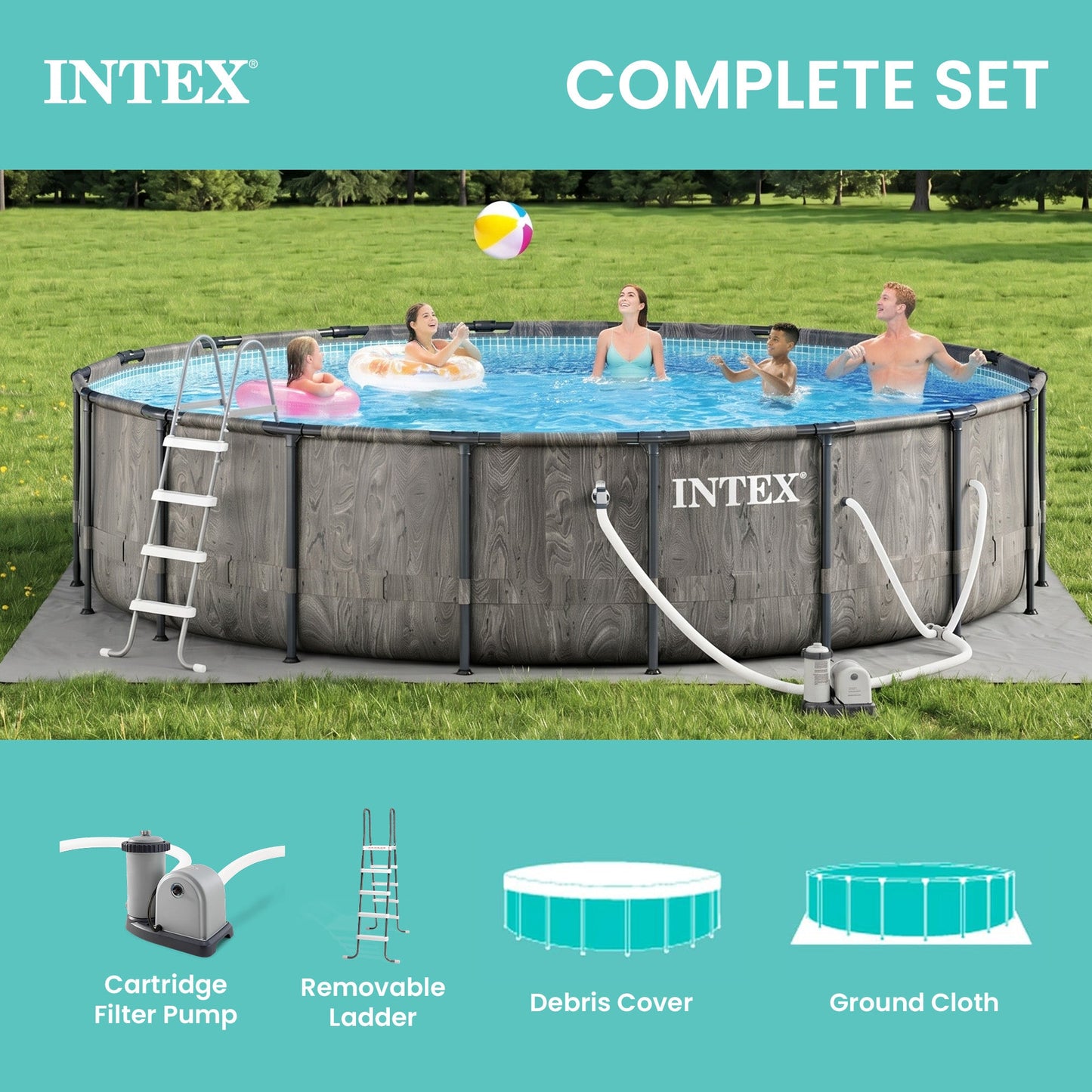 Summer Waves Intex Greywood Prism Frame 18'x48" Round Above Ground Outdoor Swimming Pool Set - 160759
