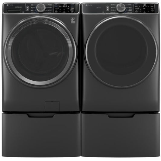 GE Appliances Profile 28 Inch Smart Front Load Washer & GE Profile 28 Inch Smart Front Load Electric Dryer with GE 28 Inch Pedestal Storage Drawer: Carbon Graphite - PFD95ESPWDS