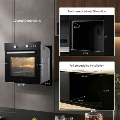 Awoco 24” Built-in Electric Oven, 2.37 Cu ft. Single Wall Oven with 9 Cooking Modes, 360° Rotating Rotisserie, 3440W, Mechanical Knobs Control, LCD Display, Timer, Stainless Steel Wall Oven for Kitchen - AWC-EO-MK09-DT