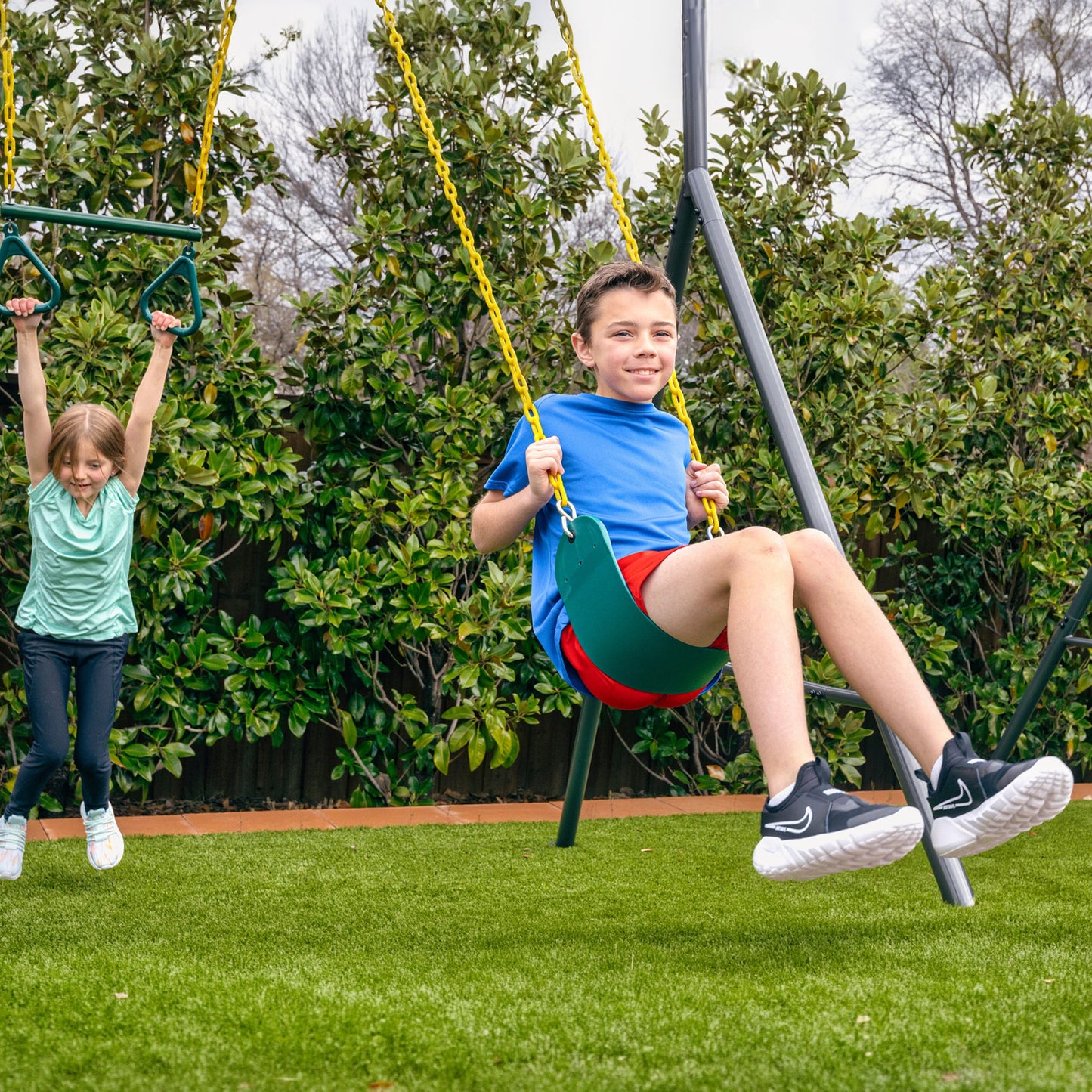 gobaplay Explorer Kids Swing Set w/Frame, Dual Platform Saucer, Swings & Trapeze - 399863