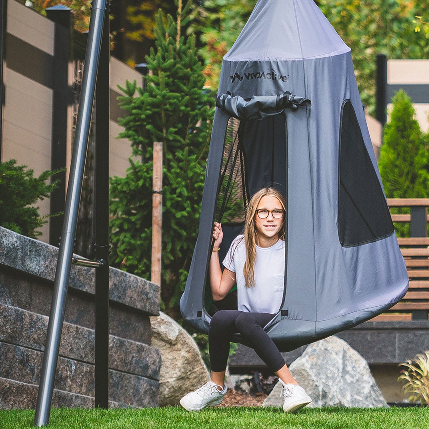 gobaplay Discovery Kids Swing Set, Outdoor Frame w/ Tent Saucer and 2 Swings - 399864