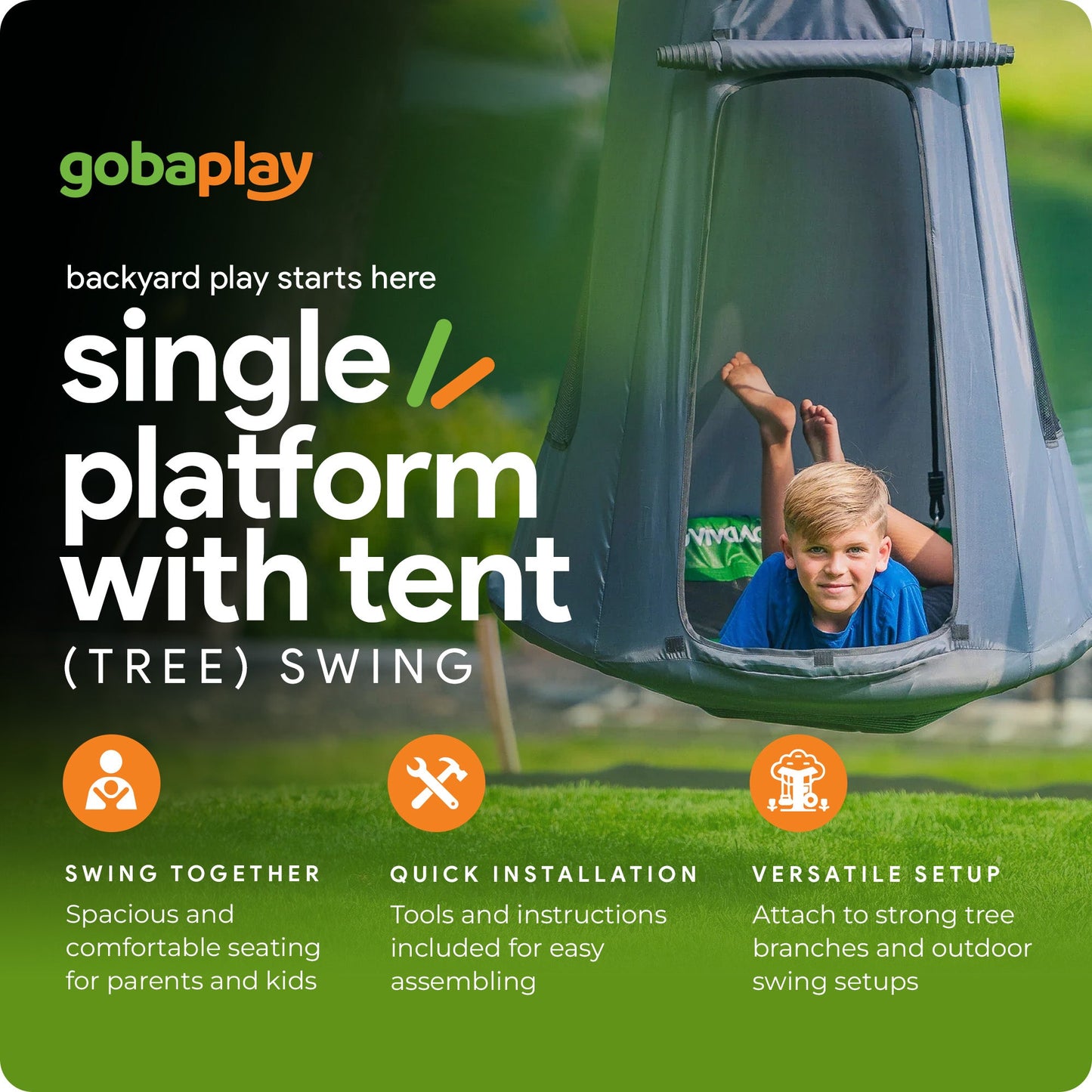 gobaplay Discovery Kids Swing Set, Outdoor Frame w/ Tent Saucer and 2 Swings - 399864