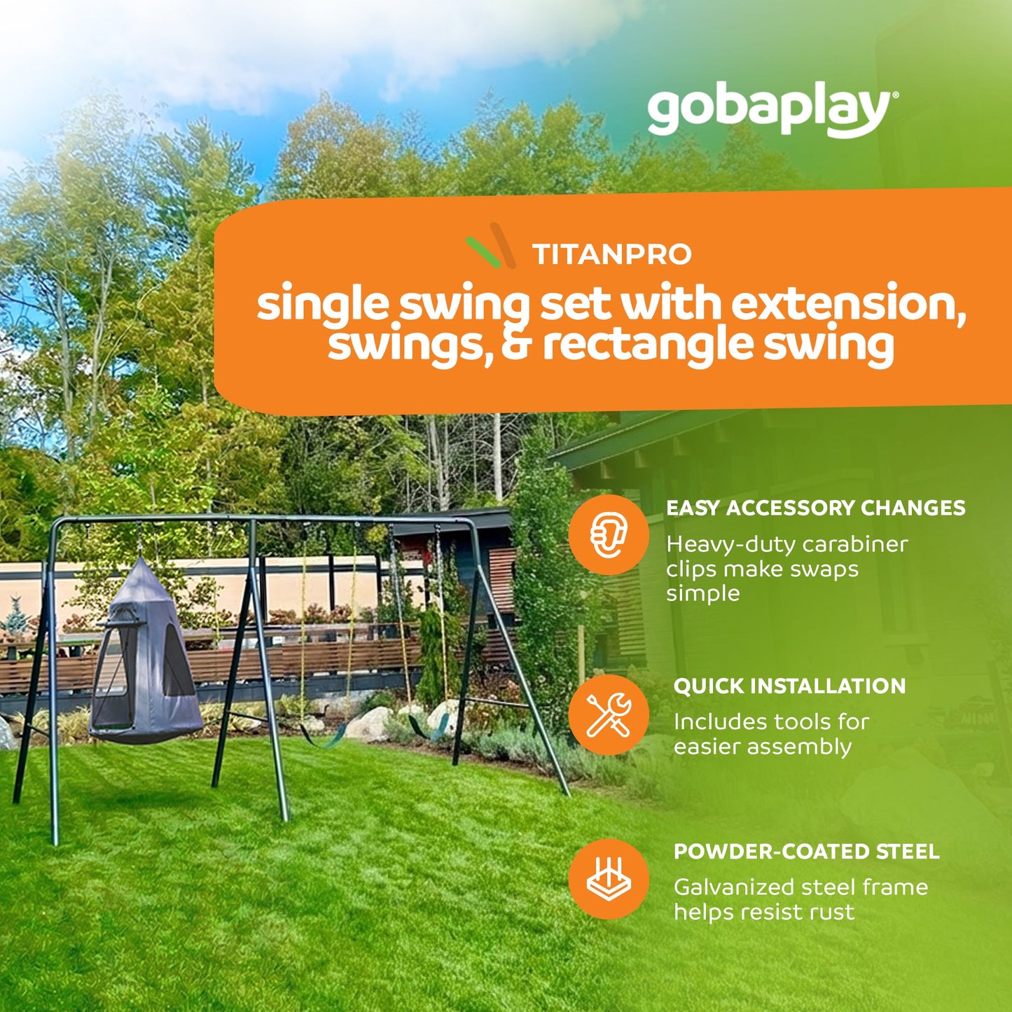 gobaplay Swing Set with 6' Frame Extension, Swings, 40" Saucer, & Hanging Tent - 431504