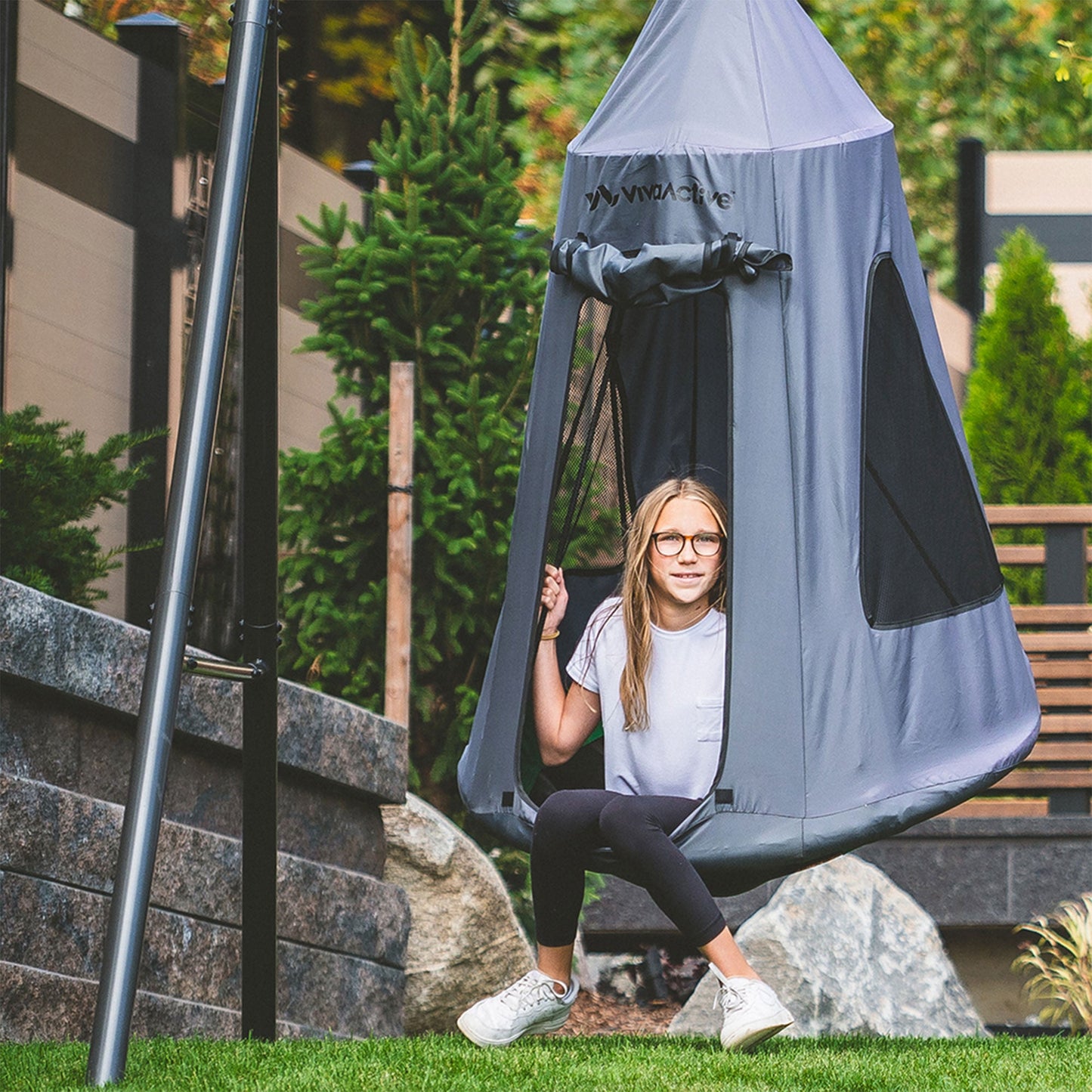 gobaplay Swing Set with 6' Frame Extension, Swings, 40" Saucer, & Hanging Tent - 431504