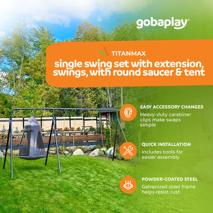 gobaplay Swing Set with 8' Frame Extension, Swings, 40" Saucer, & Hanging Tent - 431534