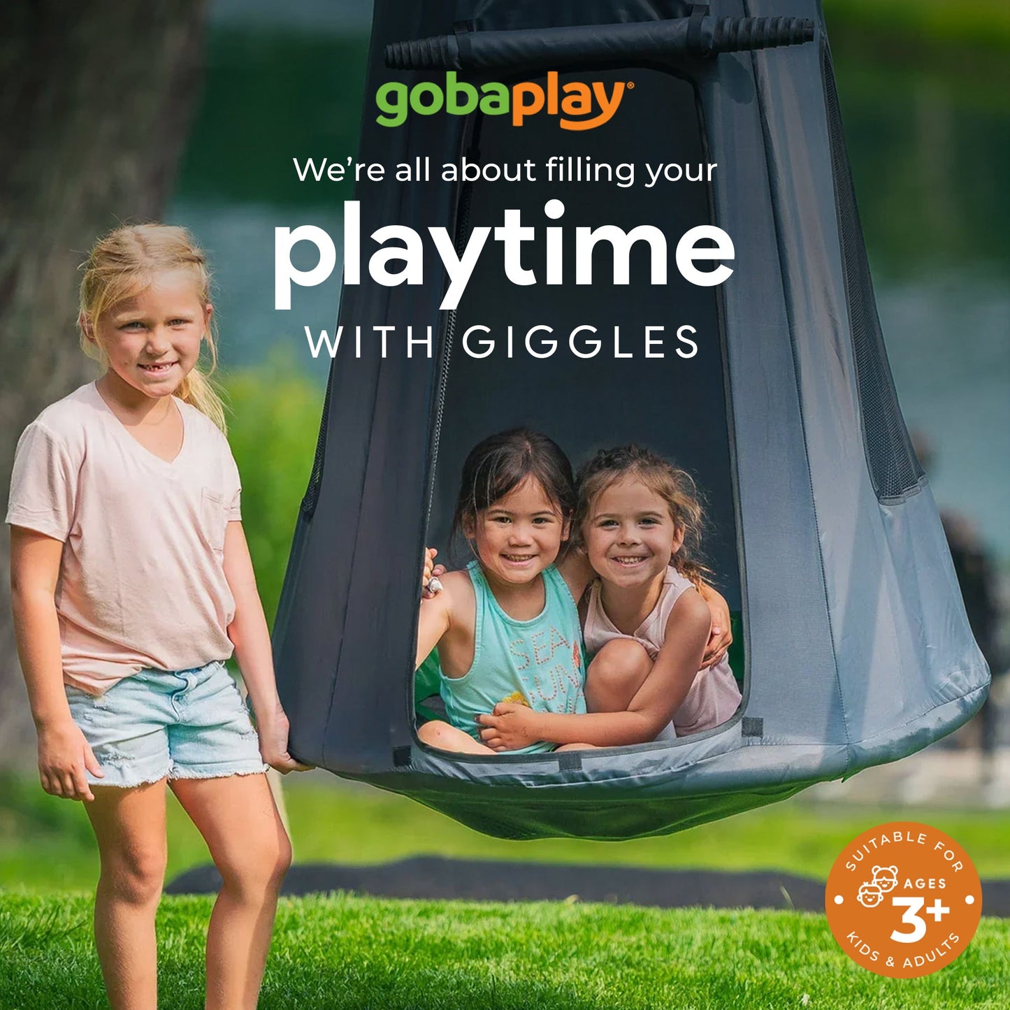gobaplay Swing Set with 8' Frame Extension, Swings, 40" Saucer, & Hanging Tent - 431534