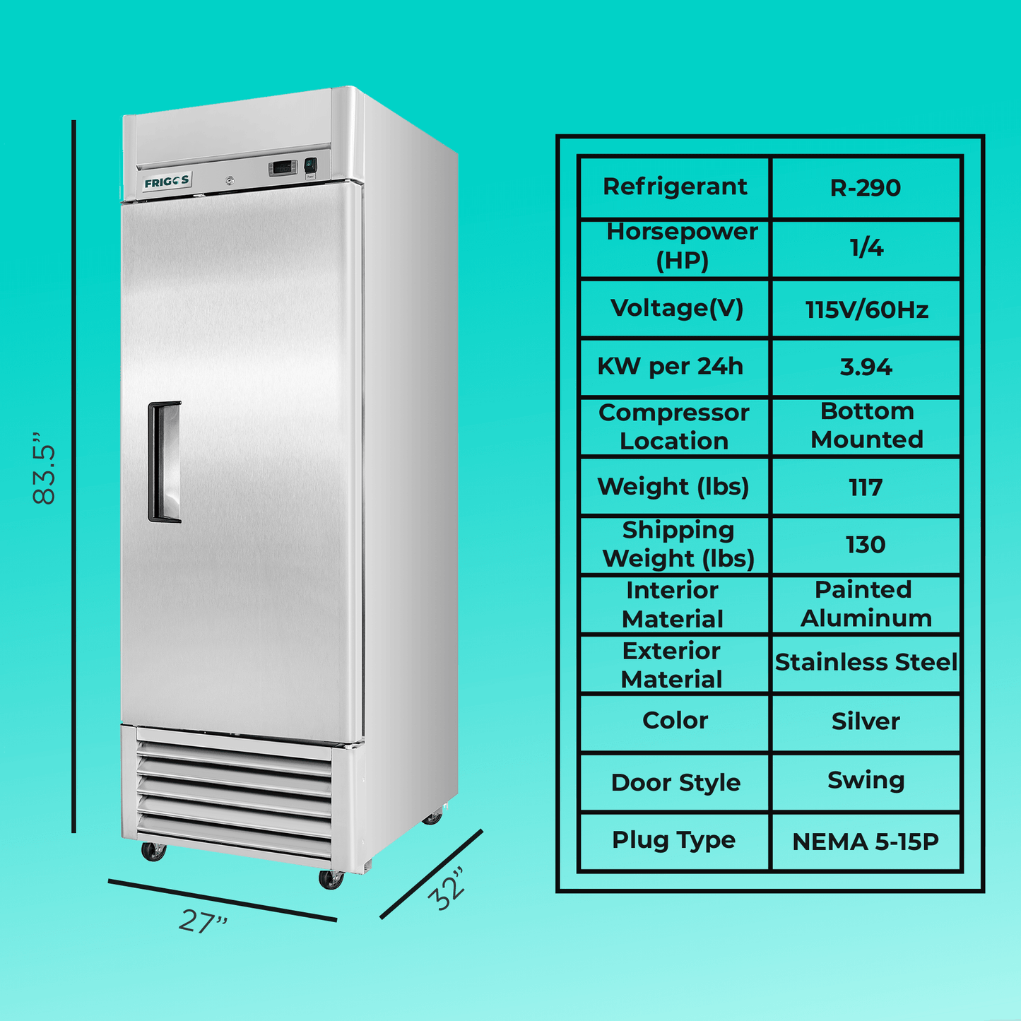 Frigos Commercial Reach in Freezer 27" Width Solid 1 Door 21  with Aluminum Interior with 304 Stainless Steel Floor - FG-FZ-1D