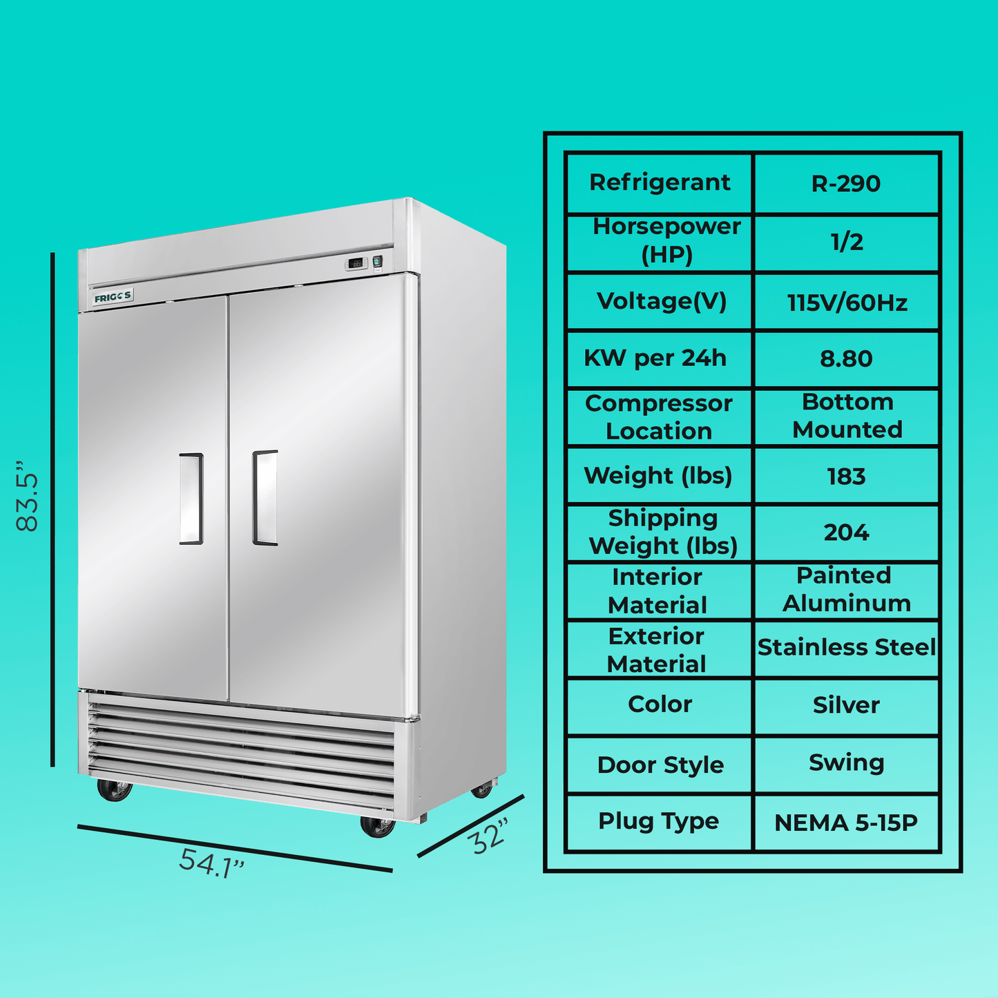 Frigos Commercial Reach in Freezer 54" Width Solid 2 Door  47  with Aluminum Interior with 304 Stainless Steel Floor - FG-FZ-2D