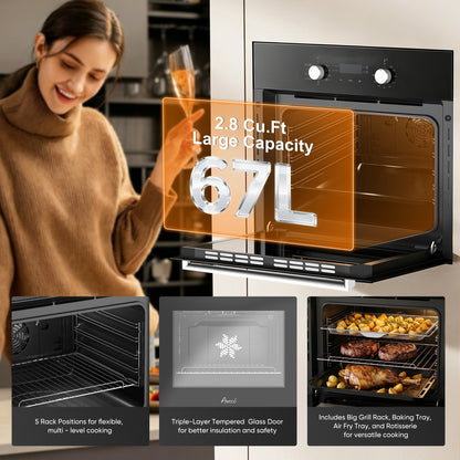 Awoco 24” Built-in Electric Oven, 2.37 Cu ft. Single Wall Oven with 9 Cooking Modes, 360° Rotating Rotisserie, 3440W, Mechanical Knobs Control, LCD Display, Timer, Stainless Steel Wall Oven for Kitchen - AWC-EO-MK09-DT