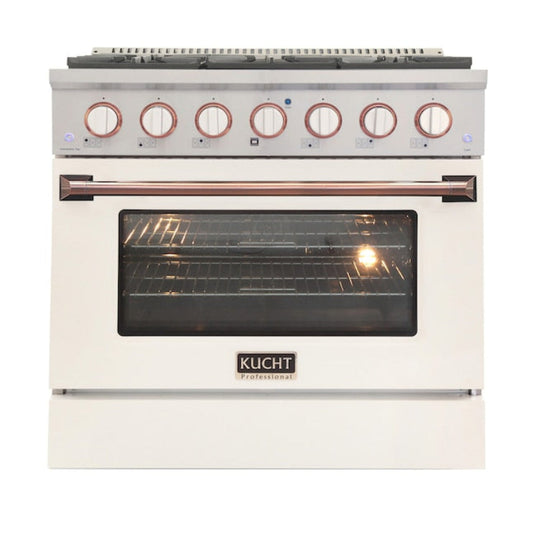 Kucht Signature 36 In. 5.2 cu ft. Propane Gas Range with White Door and Rose Gold Accents, KNG361/LP-W-ROSE - KNG361/LP-W-ROSE