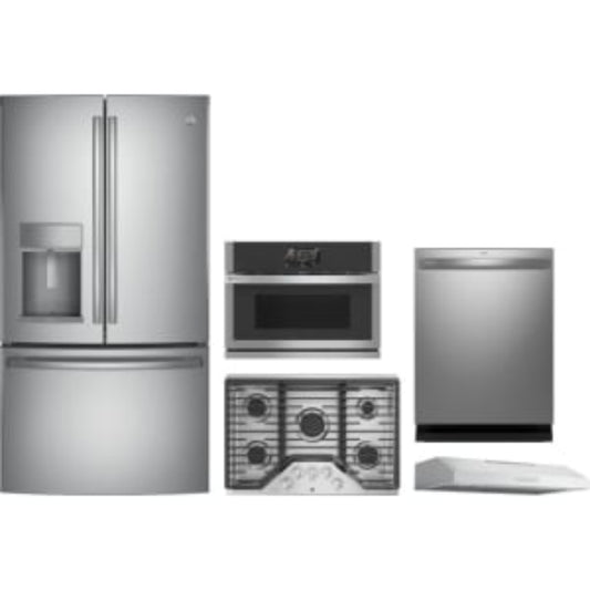 GE Appliances Profile 5-Piece Package 36 French-Door and 30 Gas Cooktop and 27 Single Electric Smart Wall Oven and 24 Integrated Smart Dishwasher and 30 Under Cabinet Range Hood - PDT715SYVFS
