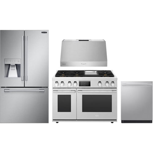 SKS 4-Piece Package SKSFD3623SD 36 Inch Counter-Depth French Door Refrigerator and SKSGR480GS 48 Inch Freestanding Gas Pro Smart Range and SKSPH3602S 36 Inch Pro-Style Wall Hood and SKSDW2411S 24 Inch Fully Integrated Smart Dishwasher