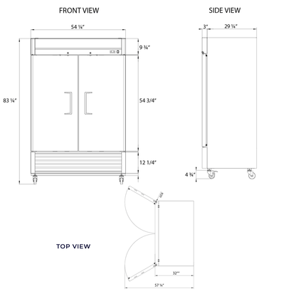 Frigos Commercial Reach in Freezer 54" Width Solid 2 Door  47  with Aluminum Interior with 304 Stainless Steel Floor - FG-FZ-2D
