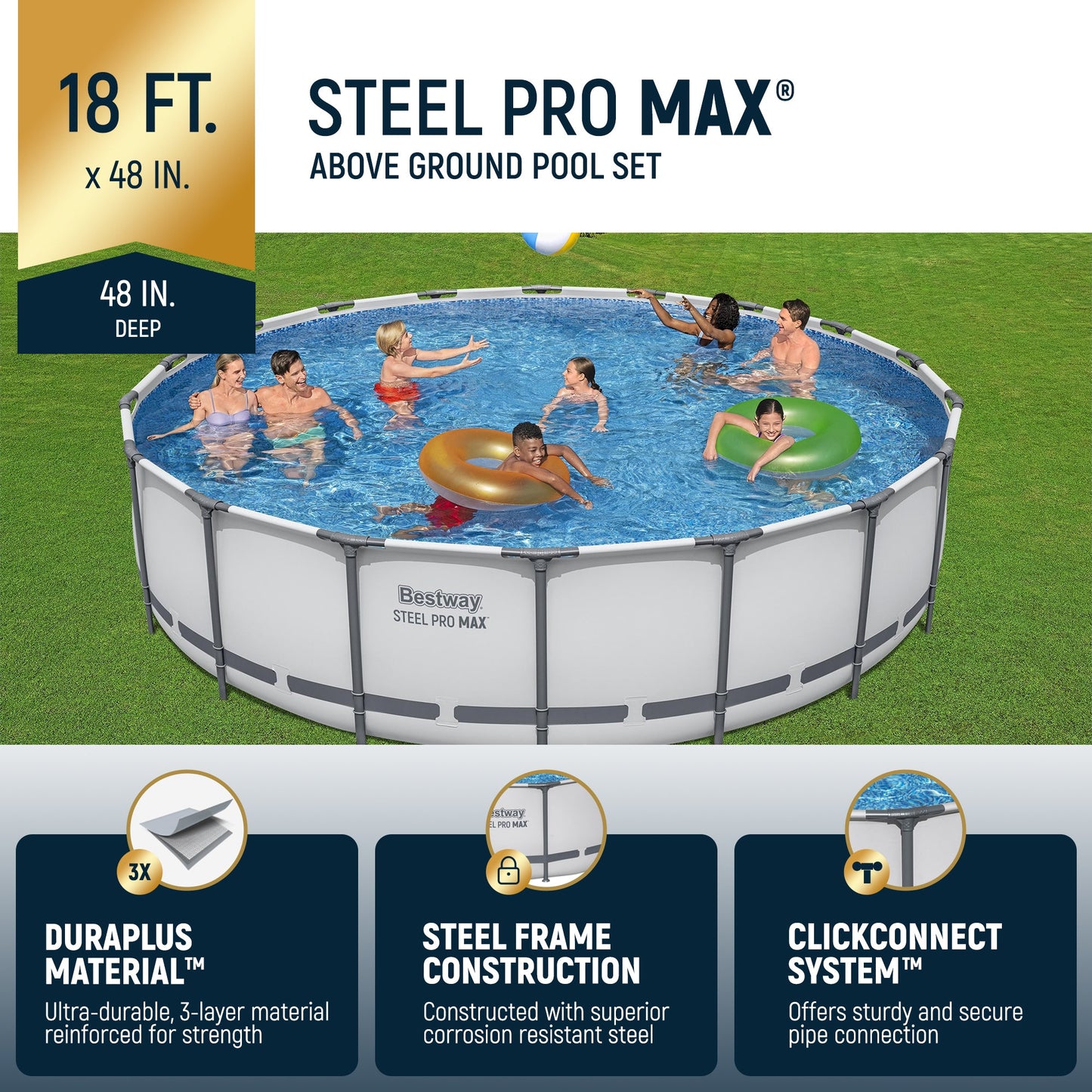 Summer Waves Bestway Steel Pro 18'x48" Frame Swimming Pool Set w/ Filter Pump & Ladder  - 126670