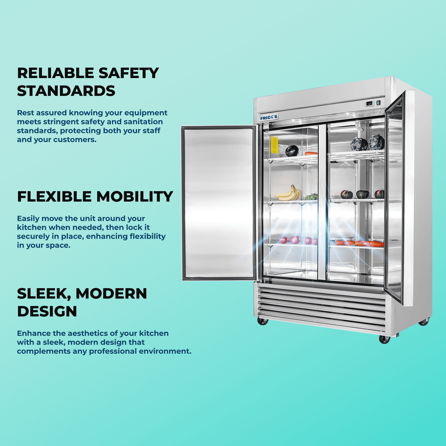 Frigos Commercial Reach in Freezer 54" Width Solid 2 Door  47  with Aluminum Interior with 304 Stainless Steel Floor - FG-FZ-2D
