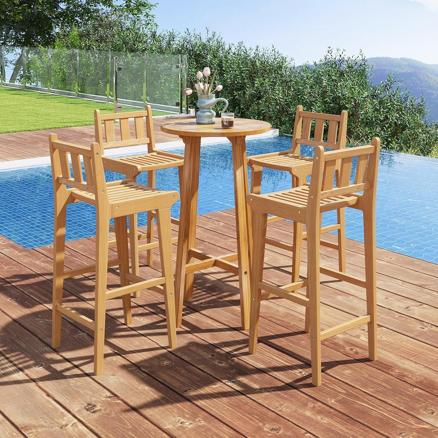 Tangkula Teak Wood Bar Stool, 30” Bar Chair with Footrest & Backrest - 4*JV11896