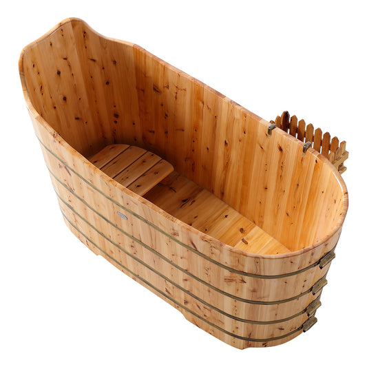 ALFI 59-Inch Cedar Wooden Freestanding Bathtub with Bench  - AB1103