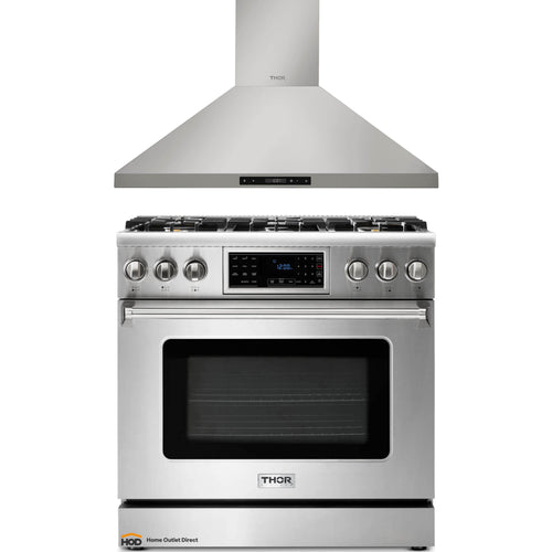 Thor Kitchen 2-Piece Appliance Package - 36-Inch Propane Gas Range, Tilt Panel & Premium Wall Mount Hood in Stainless Steel - AP2-TRG36B-LP