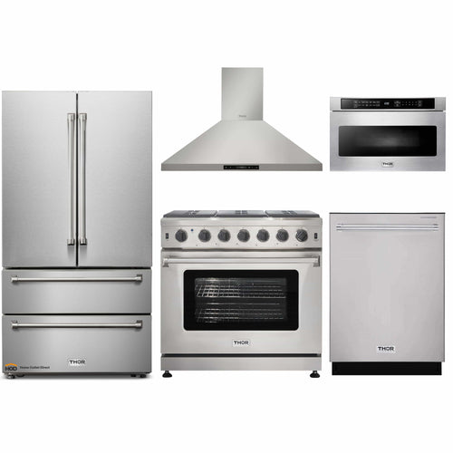 Thor Kitchen 5-Piece Appliance Package - 36-Inch Propane Gas Range, French Door Refrigerator, Wall Mount Hood, Dishwasher, and Microwave Drawer in Stainless Steel - APR5-LRG36B-LP