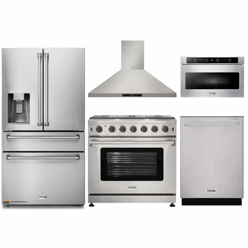 Thor Kitchen 5-Piece Appliance Package - 36-Inch Propane Gas Range, Refrigerator with Water Dispenser, Wall Mount Hood, Dishwasher, & Microwave Drawer in Stainless Steel - APW5-LRG36B-LP