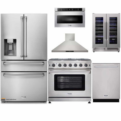 Thor Kitchen 6-Piece Appliance Package - 36-Inch Propane Gas Range, Refrigerator with Water Dispenser, Wall Mount Hood, Dishwasher, Microwave Drawer, & Wine Cooler in Stainless Steel - APW6-LRG36B-LP