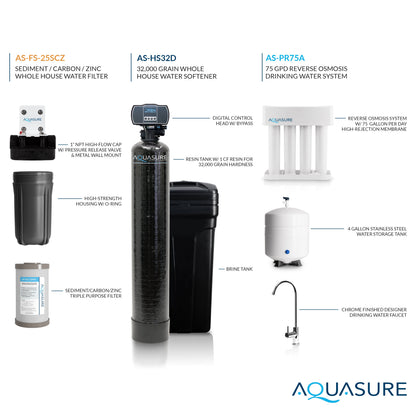 Aquasure Signature Pro | Whole House Water Filter Bundle with 32,000 Grains Softener, 75 GPD Reverse Osmosis System & Triple Purpose Pre-Filter - AS-WHF32D