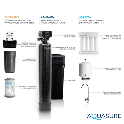 Aquasure Elite | Whole House Water Filter Bundle with 48,000 Grains Softener w/ Fine Mesh Resin, 75 GPD Reverse Osmosis System & Triple Purpose Pre-Filter - AS-WHF48FM
