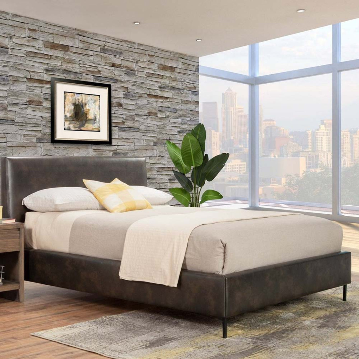 Alpine Sophia Standard King Faux Leather Platform Bed, Gray - 6902EK-GRY