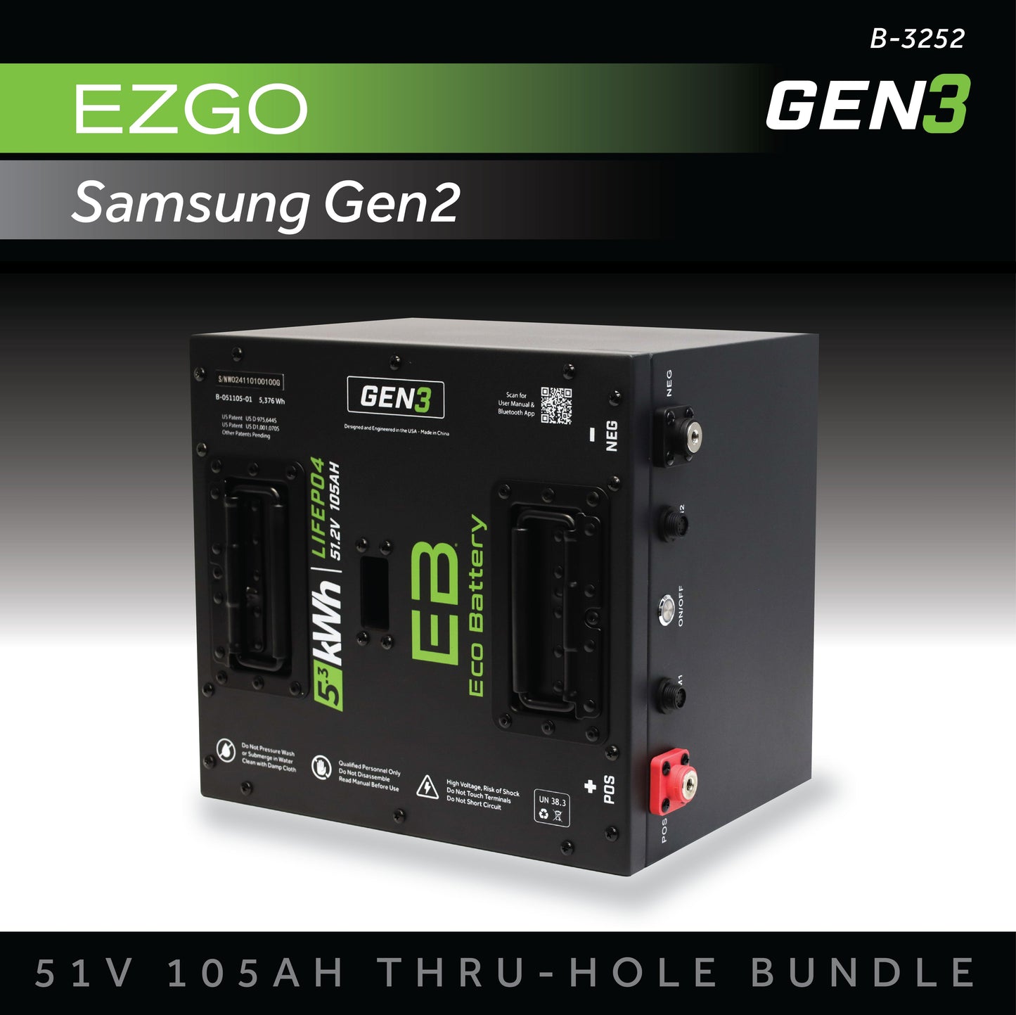 Eco Battery 51V 105AH Thru-Hole Battery Bundle / EZGO RXV Samsung Gen2 (2022+)