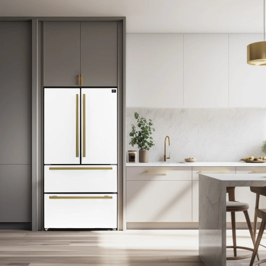 Forno Espresso Moena 36-inch 19.2 Cu.ft French Door Refrigerator in White with Antique Brass Handle  - FFRBI1820-36WHT