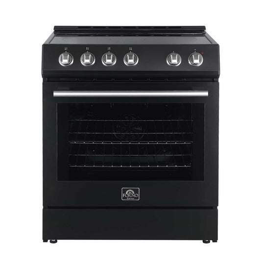 Forno 5-Piece Appliance Package - 30-Inch Electric Range, Under Cabinet Range Hood, Refrigerator with Water Dispenser, Dishwasher, and  Microwave Drawer in Black with Stainless Steel Trim - APW5-6012-30BLK