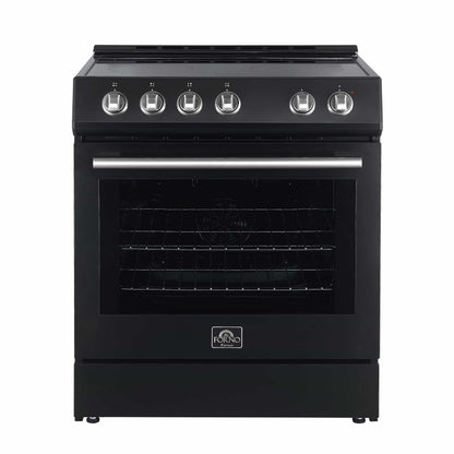 Forno 5-Piece Appliance Package - 30-Inch Electric Range, Under Cabinet Range Hood, French Door Refrigerator, Dishwasher, & 24-Inch Microwave Drawer in Black with Stainless Steel Trim - APR5-6012-30BLK