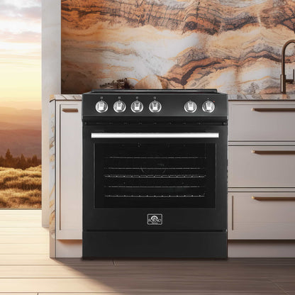 Forno 5-Piece Appliance Package - 30-Inch Electric Range, Under Cabinet Range Hood, French Door Refrigerator, Dishwasher, & 24-Inch Microwave Drawer in Black with Stainless Steel Trim - APR5-6012-30BLK