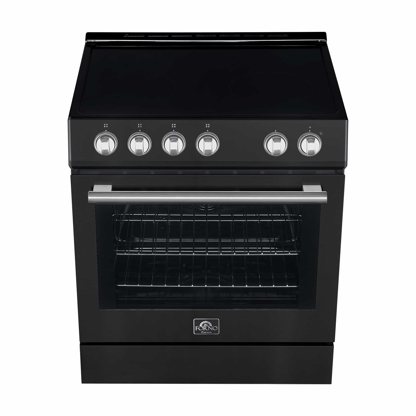 Forno 5-Piece Appliance Package - 30-Inch Electric Range, Under Cabinet Range Hood, Refrigerator with Water Dispenser, Dishwasher, and 30-Inch Microwave Drawer in Black with Stainless Steel Trim - APW5-6012-30BLK-MWD30