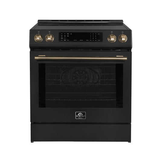 Forno 5-Piece Appliance Package - 30-Inch Inducton Range, Under Cabinet Range Hood, Refrigerator, Dishwasher, and 24-Inch Microwave Oven in Black with Antique Brass Trim - APR5-905-30BLK-MWO24