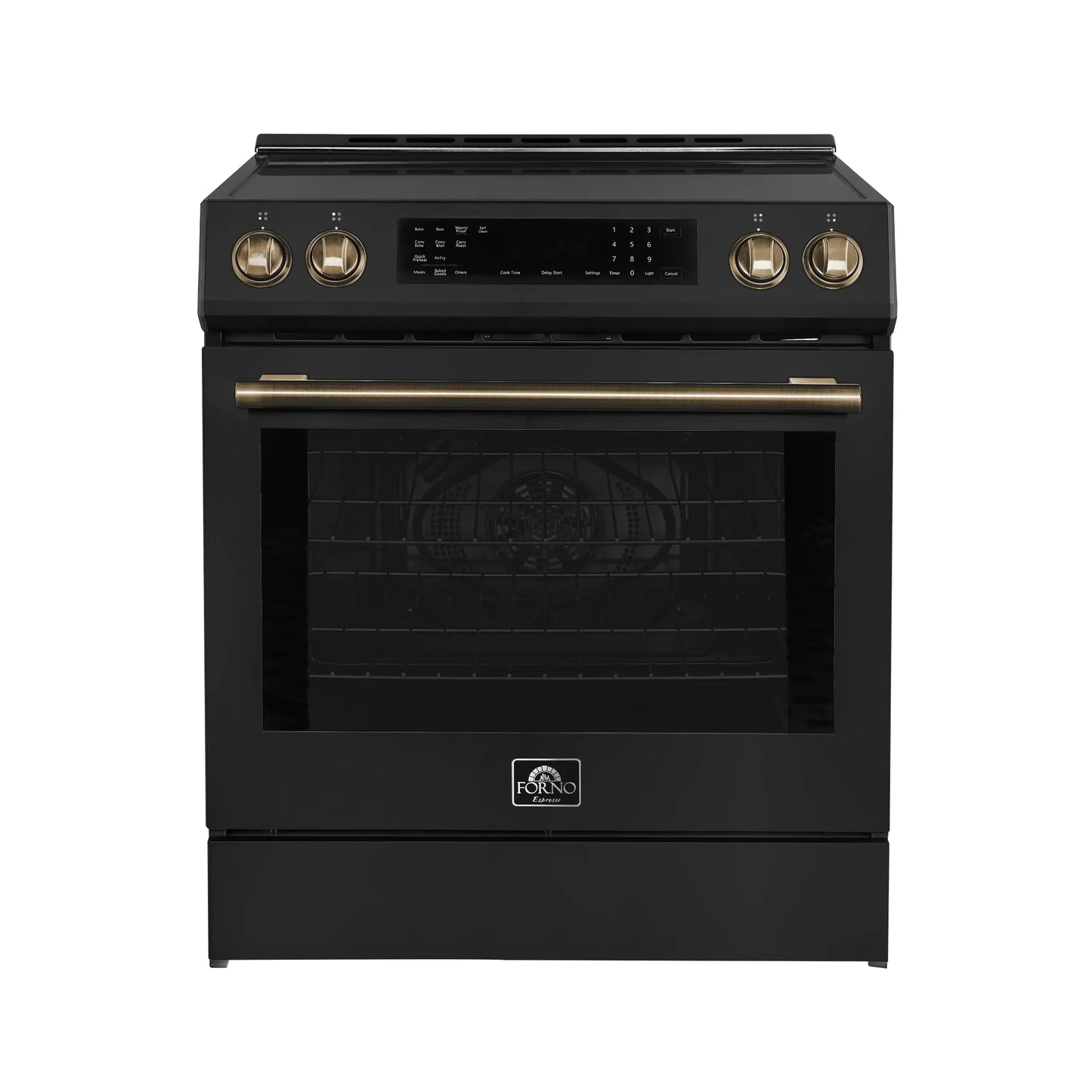Forno 5-Piece Appliance Package - 30-Inch Inducton Range, Under Cabinet Range Hood, Refrigerator with Water Dispenser, Dishwasher, and 24-Inch Microwave Oven in Black with Antique Brass Trim - APW5-905-30BLK-MWO24