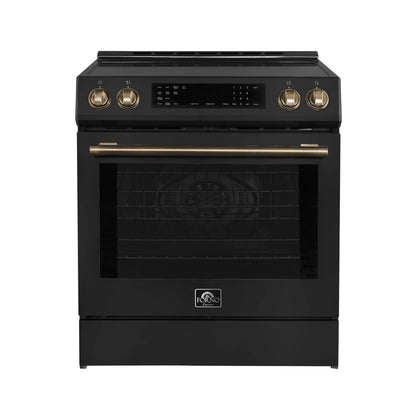 Forno 5-Piece Appliance Package - 30-Inch Inducton Range, Under Cabinet Range Hood, Refrigerator with Water Dispenser, Dishwasher, and 24-Inch Microwave Oven in Black with Antique Brass Trim - APW5-905-30BLK-MWO24