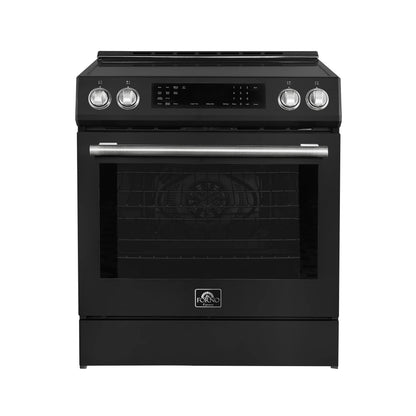 Forno 5-Piece Appliance Package - 30-Inch Inducton Range, Under Cabinet Range Hood, Refrigerator, Dishwasher, and 24-Inch Microwave Oven in Black with Antique Brass Trim - APR5-905-30BLK-MWO24
