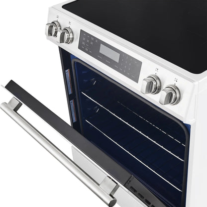 Forno 5-Piece Appliance Package - 30-Inch Induction Range, Under Cabinet Range Hood, Refrigerator with Water Dispenser, Dishwasher, and  Microwave Drawer in White with Antique Brass Trim - APW5-905-30WHT