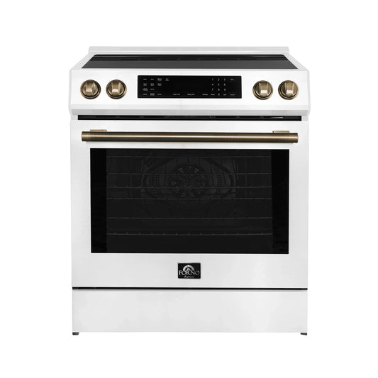 Forno 5-Piece Appliance Package - 30-Inch Inducton Range, Under Cabinet Range Hood, Refrigerator, Dishwasher, and  24-Inch Microwave Oven in White with Antique Brass Trim - APR5-905-30WHT-MWO24