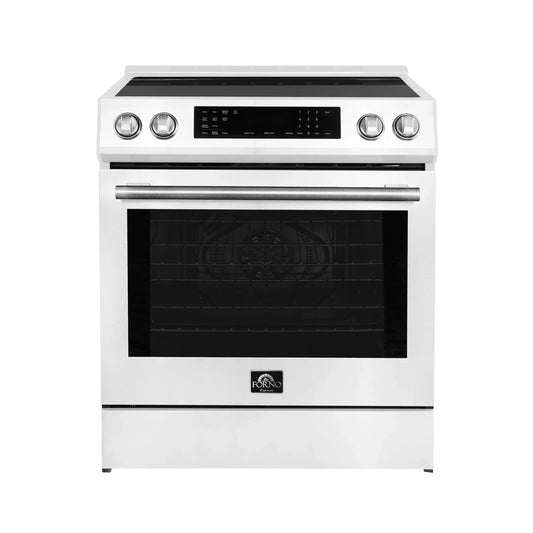 Forno 5-Piece Appliance Package - 30-Inch Induction Range, Under Cabinet Range Hood, Refrigerator, Dishwasher, and  Microwave Drawer in White with Stainless Steel Trim - APR5-905-30WHT
