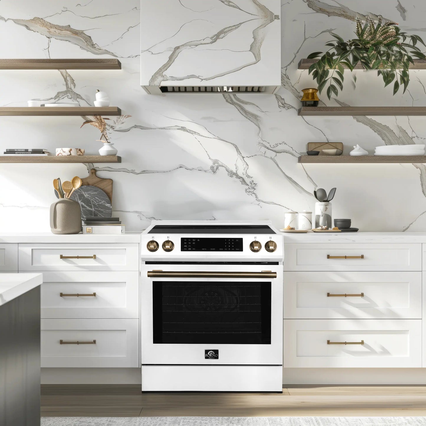 Forno 5-Piece Appliance Package - 30-Inch Induction Range, Under Cabinet Range Hood, Refrigerator with Water Dispenser, Dishwasher, and  Microwave Drawer in White with Antique Brass Trim - APW5-905-30WHT