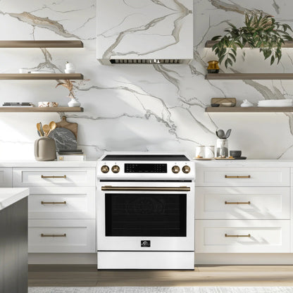 Forno 5-Piece Appliance Package - 30-Inch Induction Range, Under Cabinet Range Hood, Refrigerator with Water Dispenser, Dishwasher, and 30-Inch Microwave Oven in White with Stainless Steel Trim - APW5-905-30WHT-MWO30