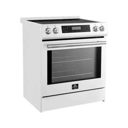 Forno 5-Piece Appliance Package - 30-Inch Induction Range, Under Cabinet Range Hood, Refrigerator with Water Dispenser, Dishwasher, and 30-Inch Microwave Oven in White with Antique Brass Trim - APW5-905-30WHT-MWO30