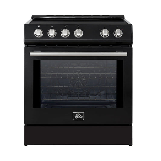 Forno 5-Piece Appliance Package - 30-Inch Induction Range, Under Cabinet Range Hood, Refrigerator with Water Dispenser, Dishwasher, and 30-Inch Microwave Drawer in Black with Stainless Steel Trim - APW5-982-30BLK-MWD30
