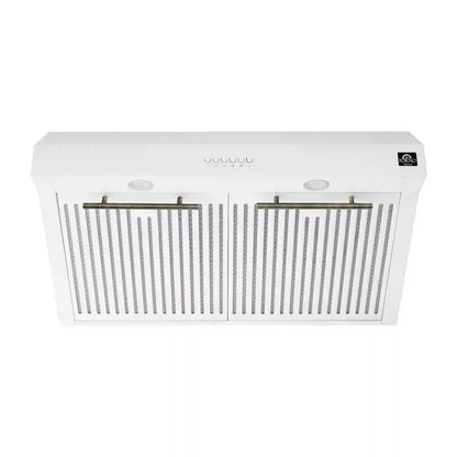 Forno 5-Piece Appliance Package - 30-Inch Inducton Range, Under Cabinet Range Hood, Refrigerator, Dishwasher, and  24-Inch Microwave Oven in White with Antique Brass Trim - APR5-905-30WHT-MWO24