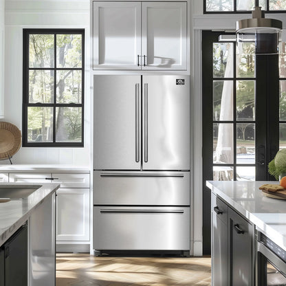 Forno Moena 36-Inch French Door 19.2 cu. ft Refrigerator with Modern Decorative Grille in Stainless Steel (FFRBI1820-40MG)