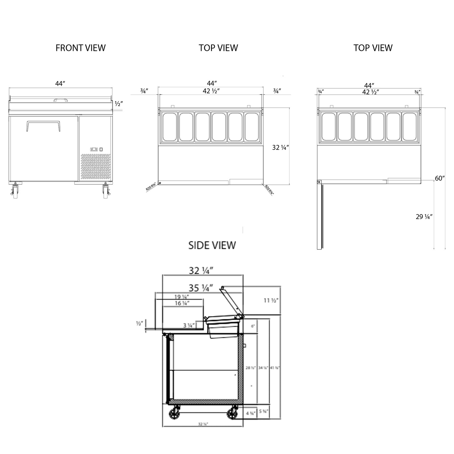 Frigos Pizza Prep Table Refrigerator 44" Width 1 Door with Aluminum Interior with 304 Stainle - FG-PZPT-44ss Steel Floor